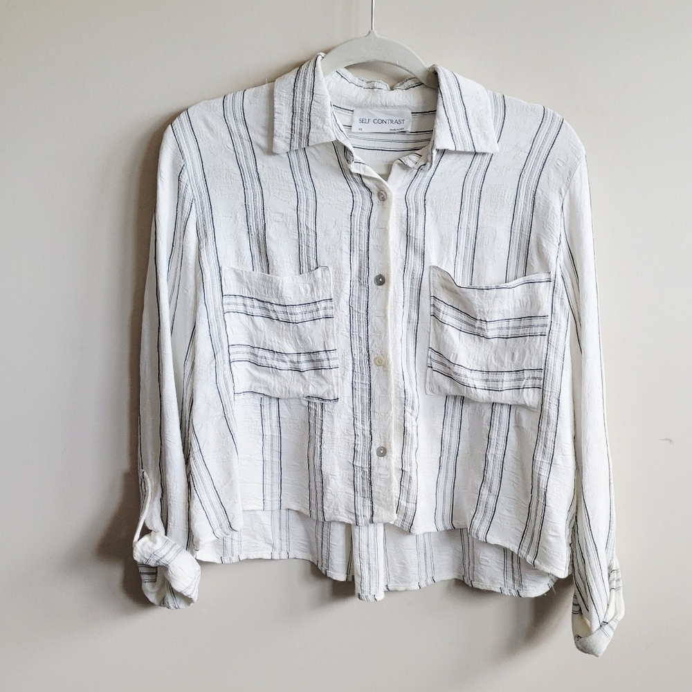 Self Contrast Blue Stripe Button Down Top